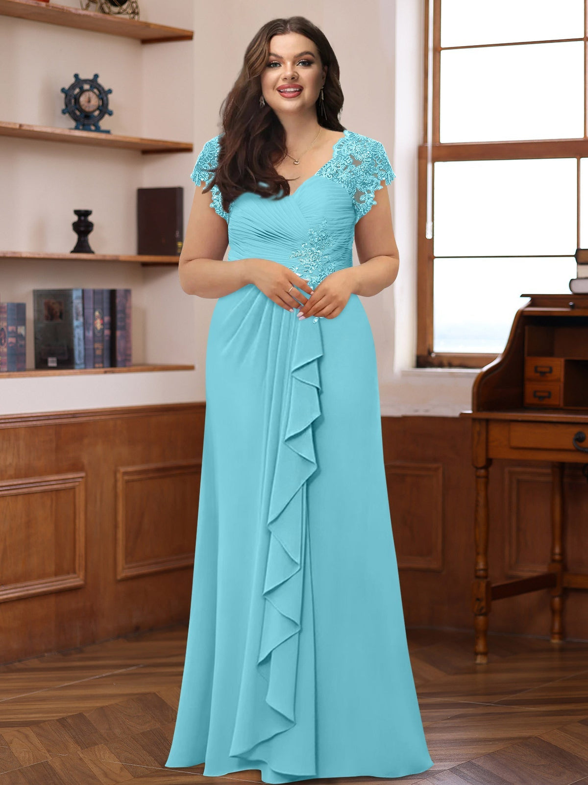 Plus Size V Neck A Line Dress with Short Sleeves Ruffles and Appliques for Mothers of the Bride & Groom