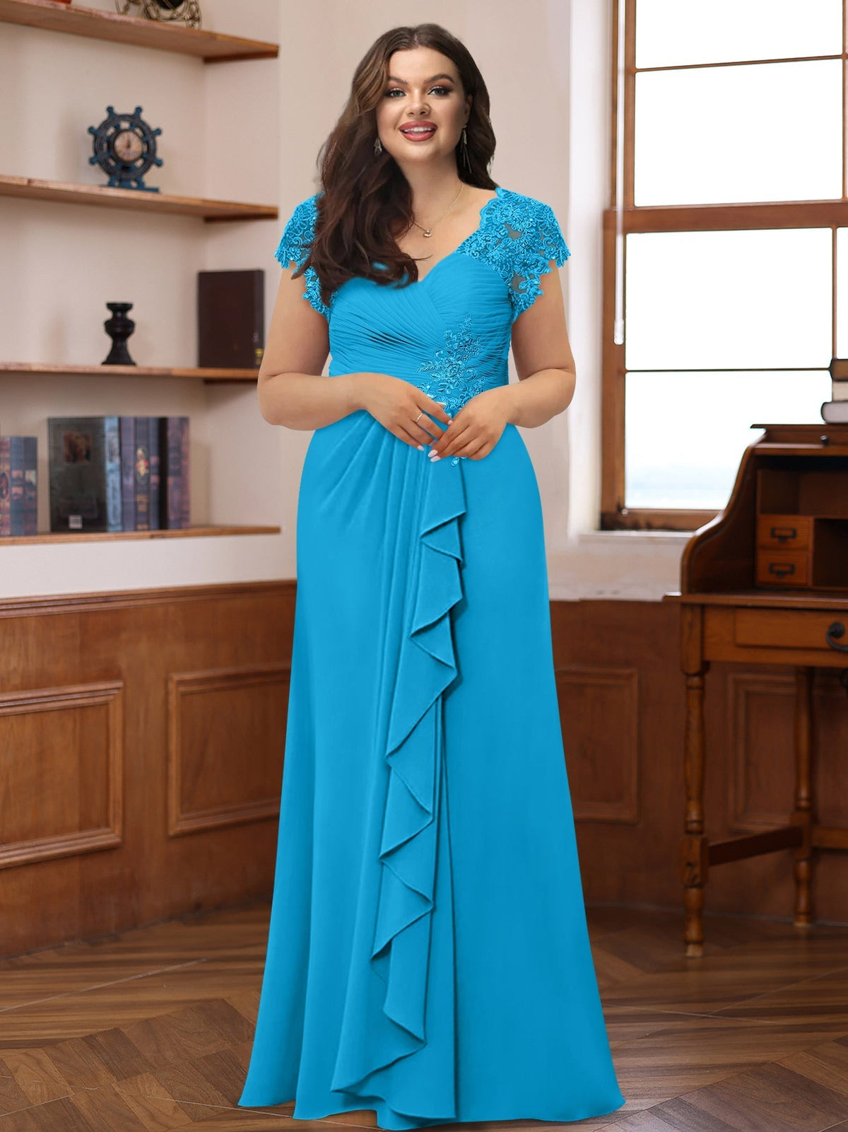 Plus Size V Neck A Line Dress with Short Sleeves Ruffles and Appliques for Mothers of the Bride & Groom