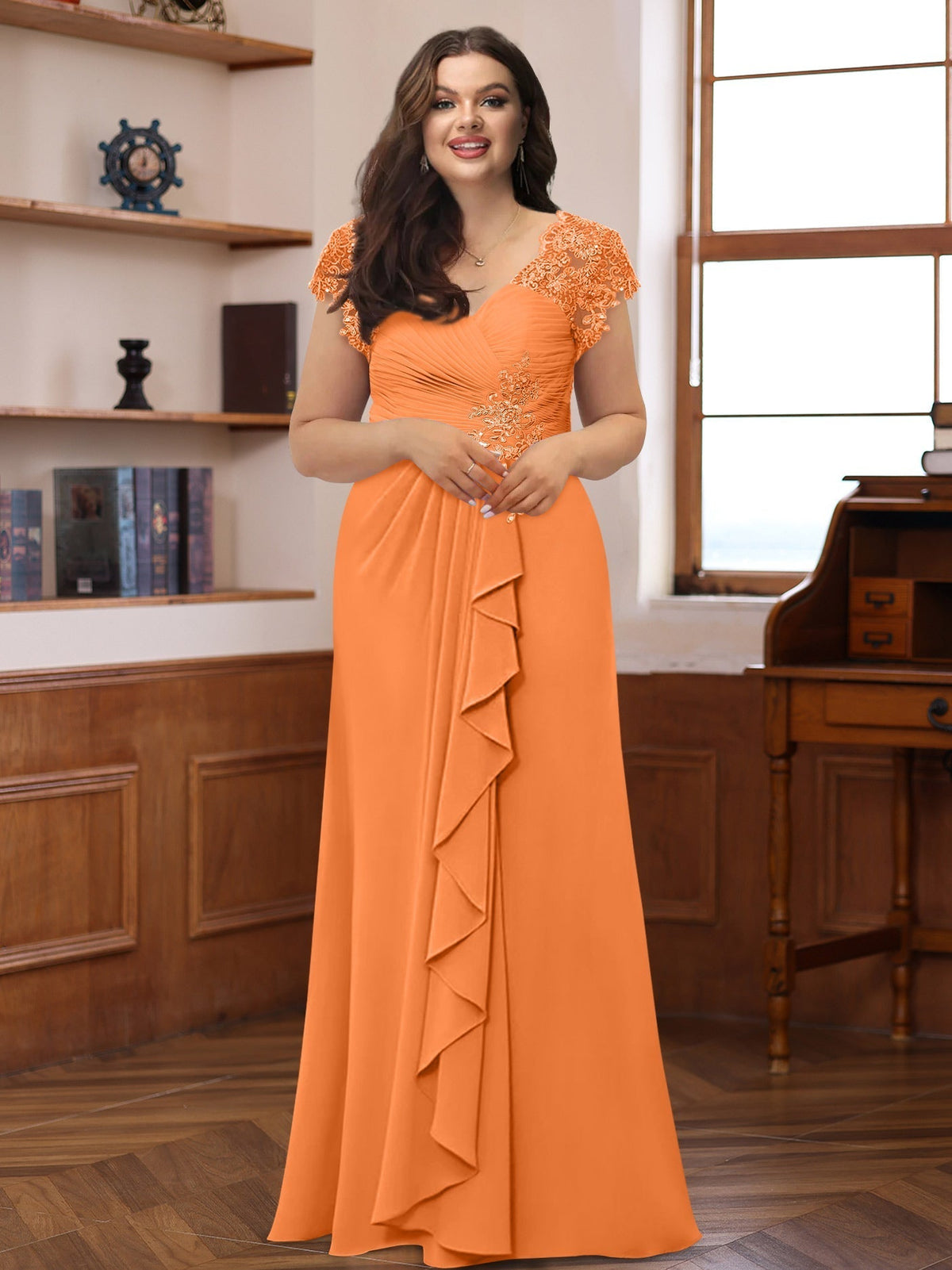 Plus Size V Neck A Line Dress with Short Sleeves Ruffles and Appliques for Mothers of the Bride & Groom