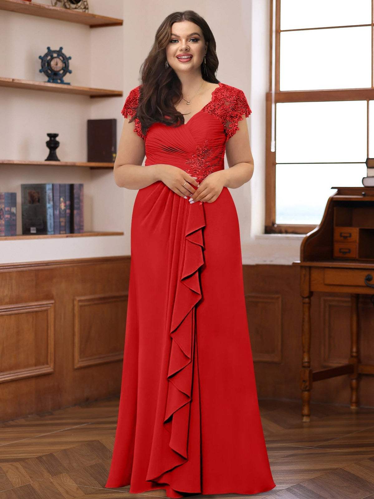 Plus Size V Neck A Line Dress with Short Sleeves Ruffles and Appliques for Mothers of the Bride & Groom