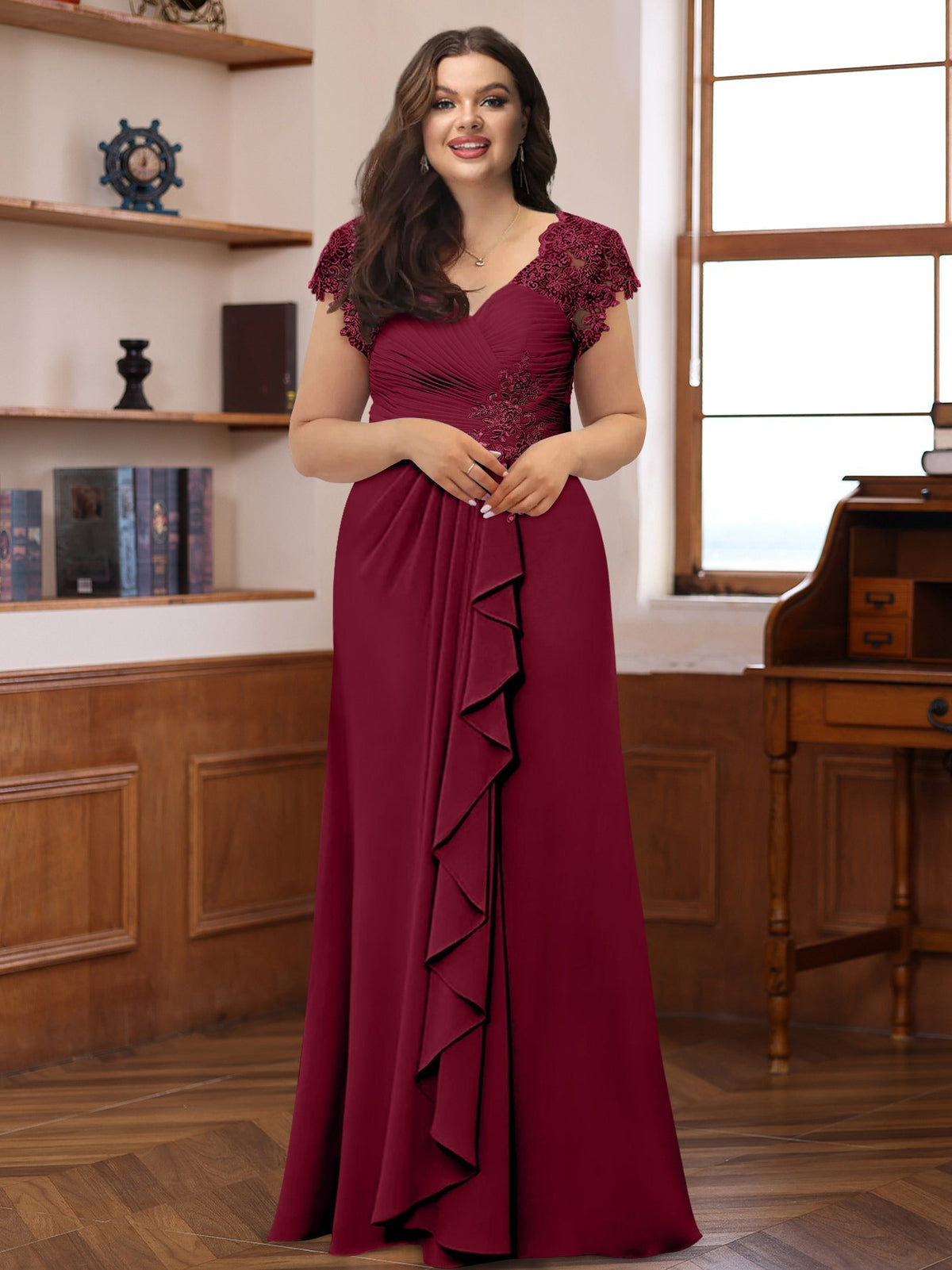 Plus Size V Neck A Line Dress with Short Sleeves Ruffles and Appliques for Mothers of the Bride & Groom