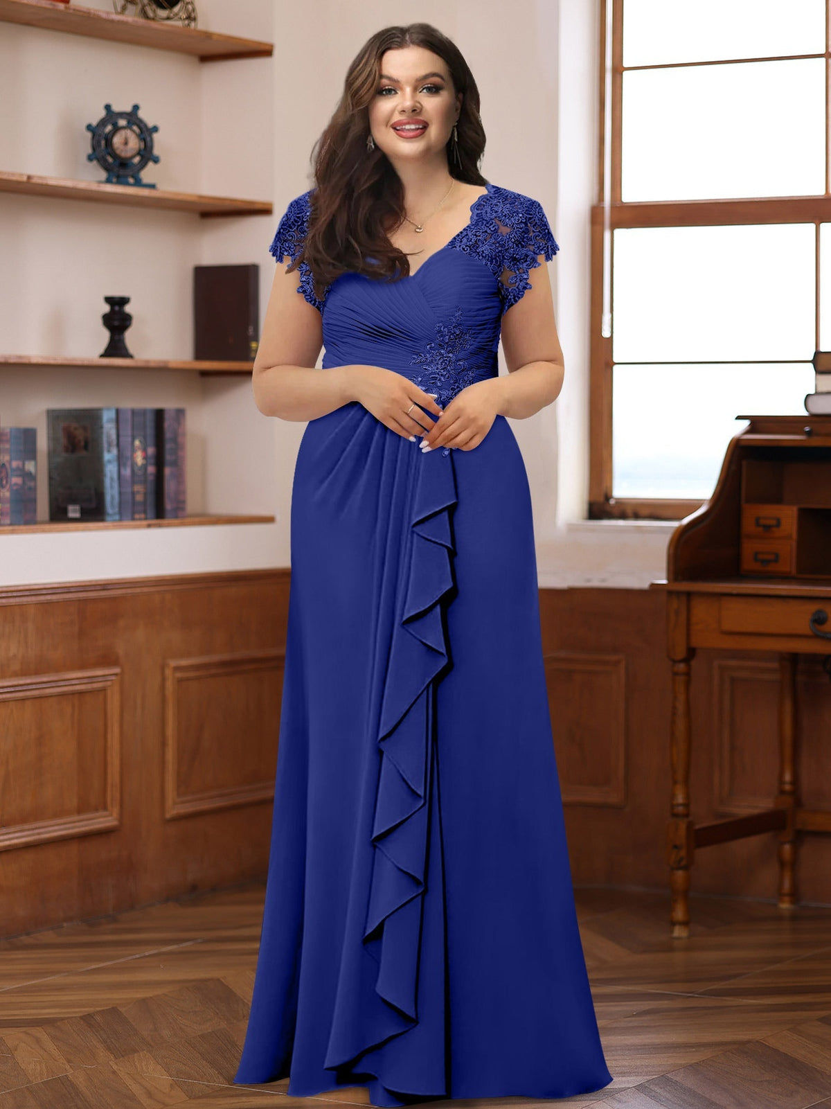 Plus Size V Neck A Line Dress with Short Sleeves Ruffles and Appliques for Mothers of the Bride & Groom