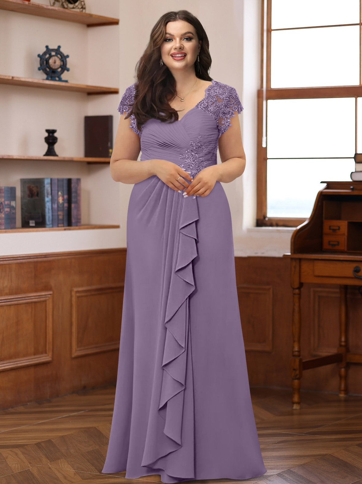 Plus Size V Neck A Line Dress with Short Sleeves Ruffles and Appliques for Mothers of the Bride & Groom