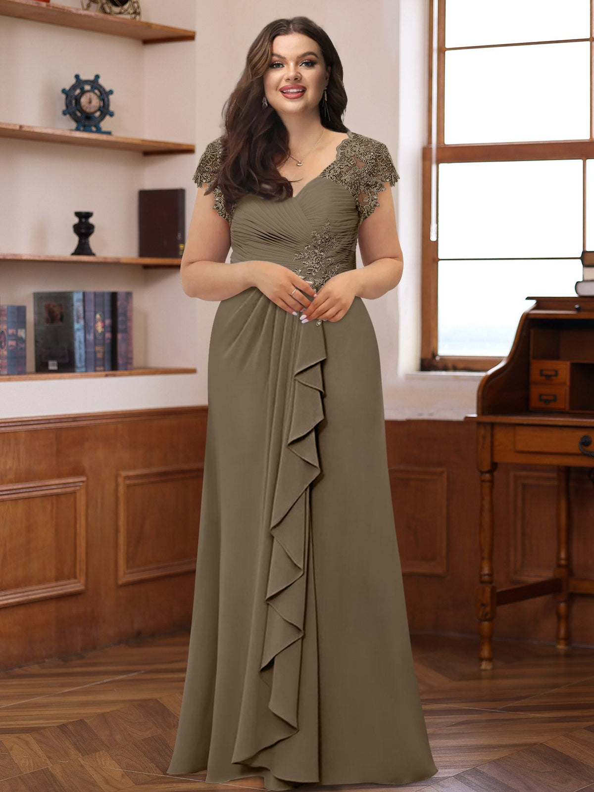Plus Size V Neck A Line Dress with Short Sleeves Ruffles and Appliques for Mothers of the Bride & Groom
