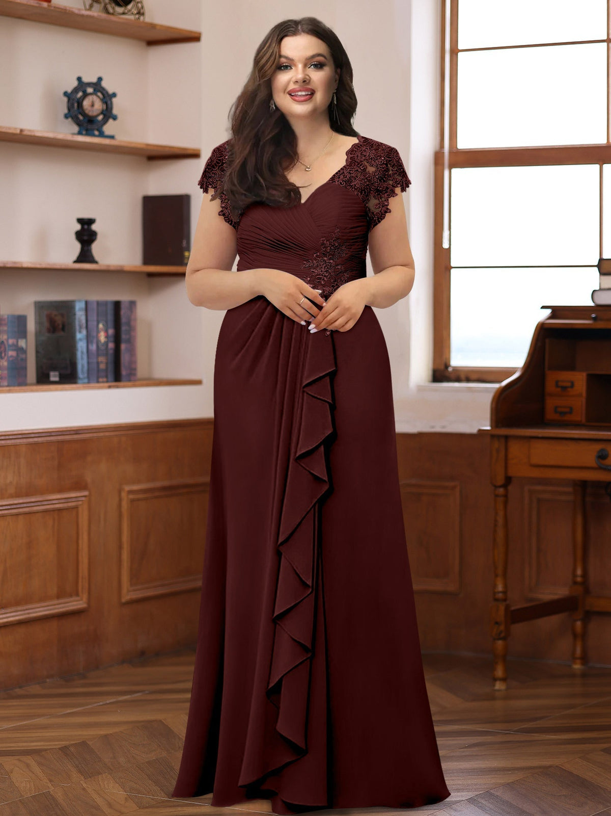 Plus Size V Neck A Line Dress with Short Sleeves Ruffles and Appliques for Mothers of the Bride & Groom