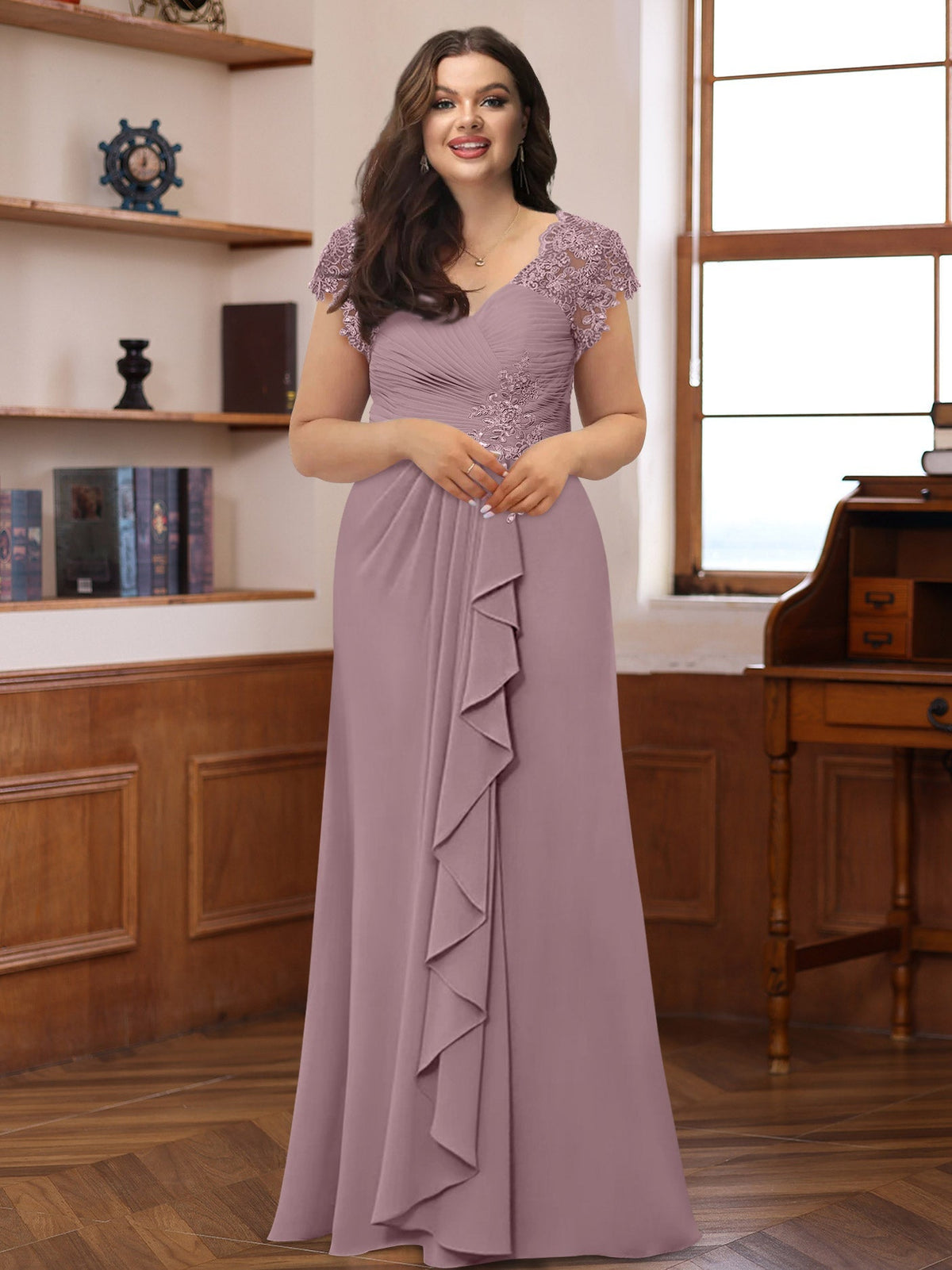 Plus Size V Neck A Line Dress with Short Sleeves Ruffles and Appliques for Mothers of the Bride & Groom
