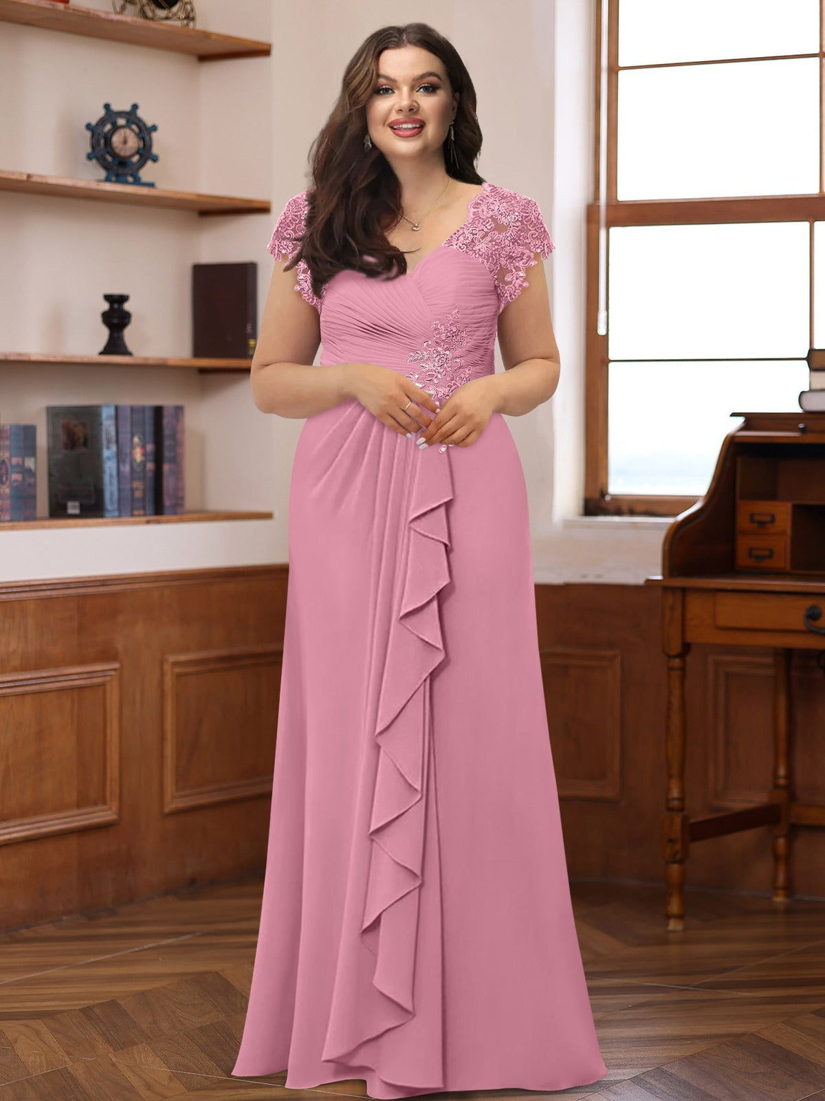 Plus Size V Neck A Line Dress with Short Sleeves Ruffles and Appliques for Mothers of the Bride & Groom