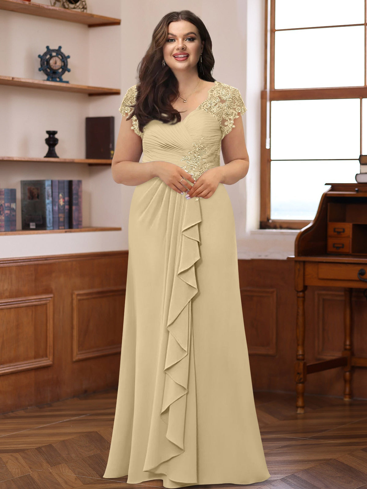 Plus Size V Neck A Line Dress with Short Sleeves Ruffles and Appliques for Mothers of the Bride & Groom