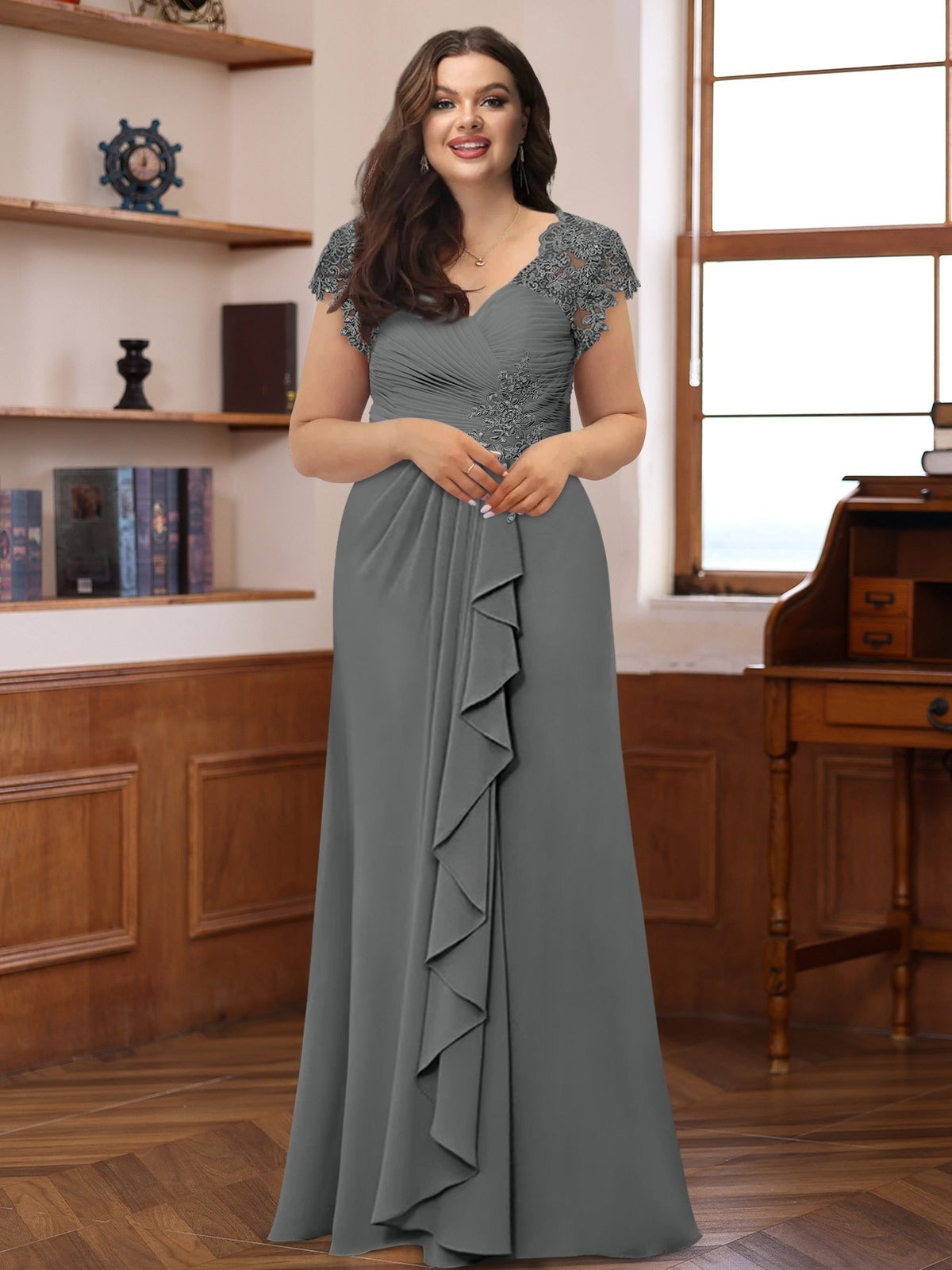 Plus Size V Neck A Line Dress with Short Sleeves Ruffles and Appliques for Mothers of the Bride & Groom