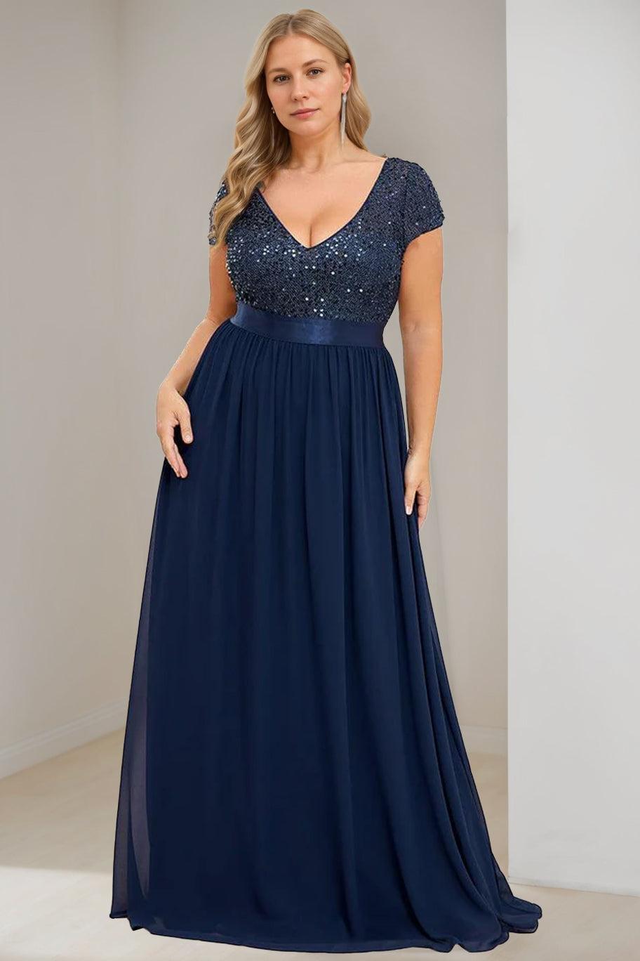 Plus Size V Neck A Line Long Chiffon Mother Of The Bride Dress with Ribbon and Short Sleeves