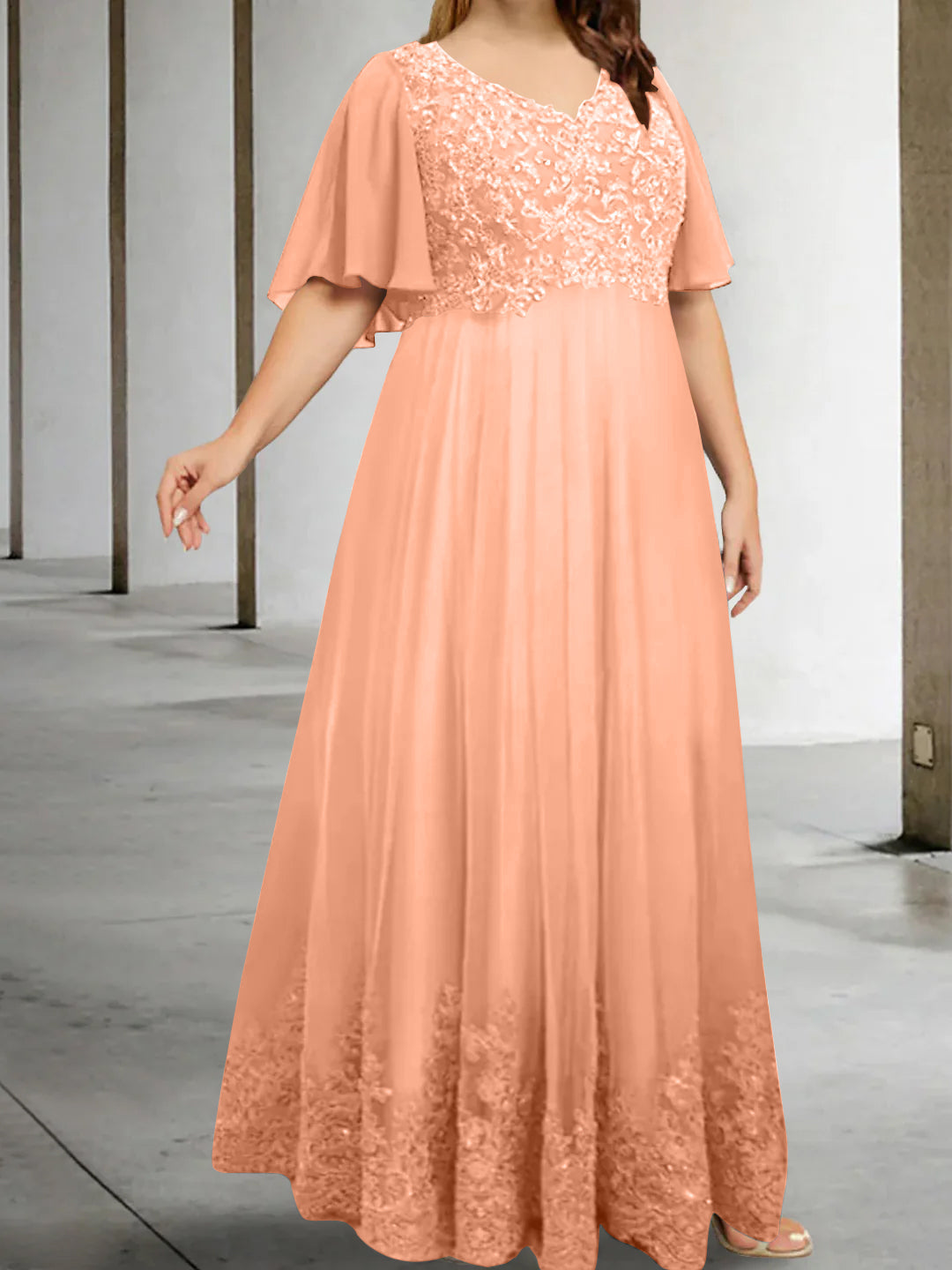 Plus Size V Neck A Line Long Mother of the Bride Dress with Appliques and Half Sleeves