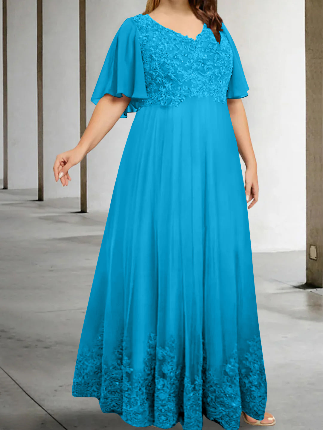 Plus Size V Neck A Line Long Mother of the Bride Dress with Appliques and Half Sleeves