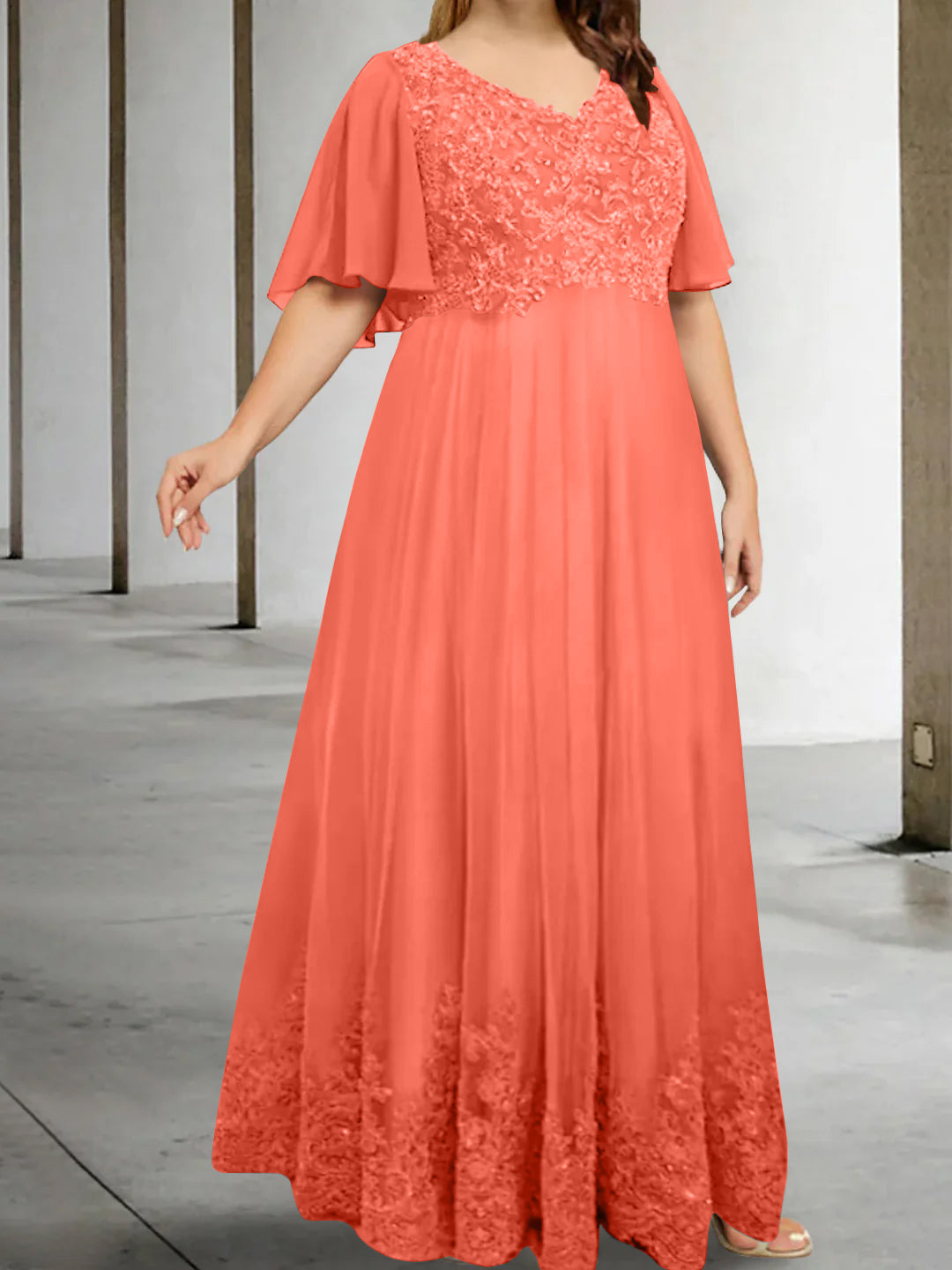 Plus Size V Neck A Line Long Mother of the Bride Dress with Appliques and Half Sleeves