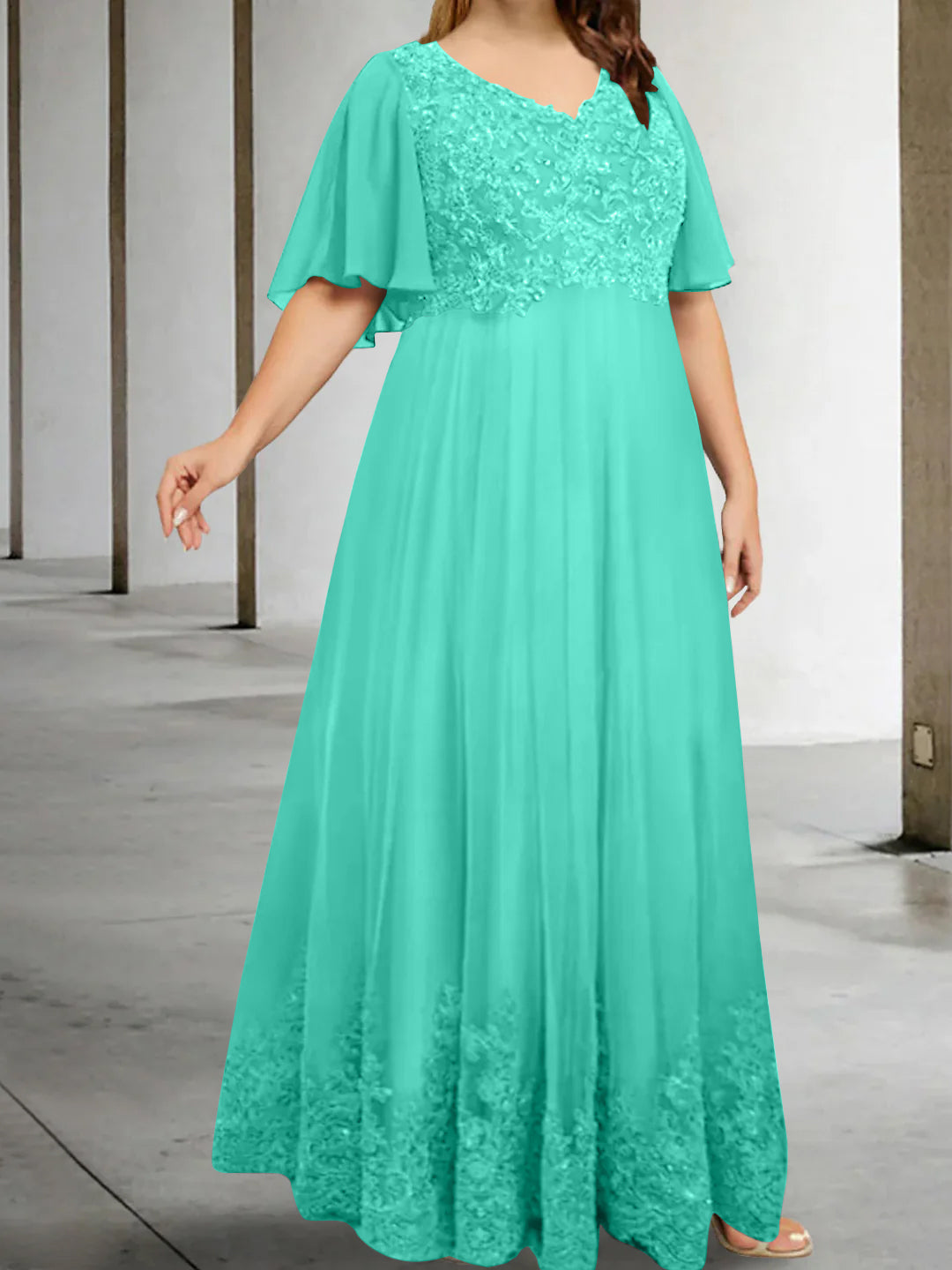 Plus Size V Neck A Line Long Mother of the Bride Dress with Appliques and Half Sleeves