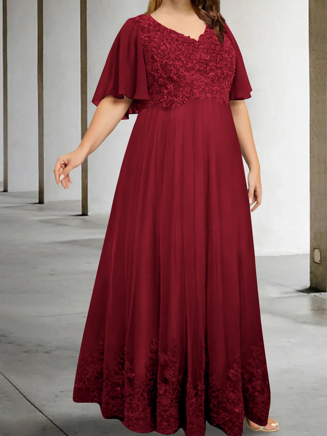Plus Size V Neck A Line Long Mother of the Bride Dress with Appliques and Half Sleeves