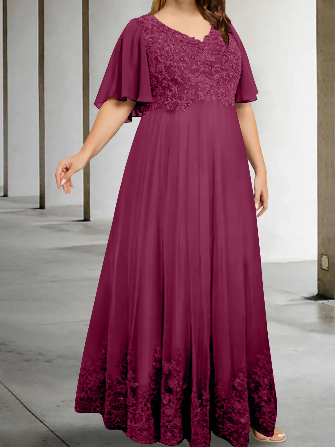 Plus Size V Neck A Line Long Mother of the Bride Dress with Appliques and Half Sleeves