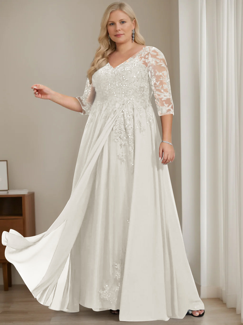 Plus Size V Neck A Line Long Mother of the Bride Dress with Half Sleeves and Sequins