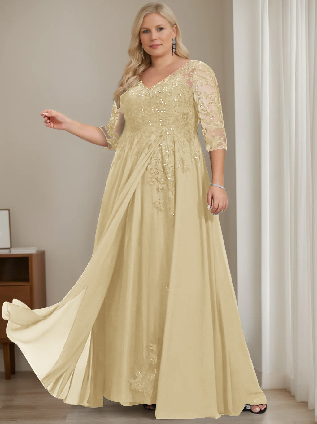 Plus Size V Neck A Line Long Mother of the Bride Dress with Half Sleeves and Sequins