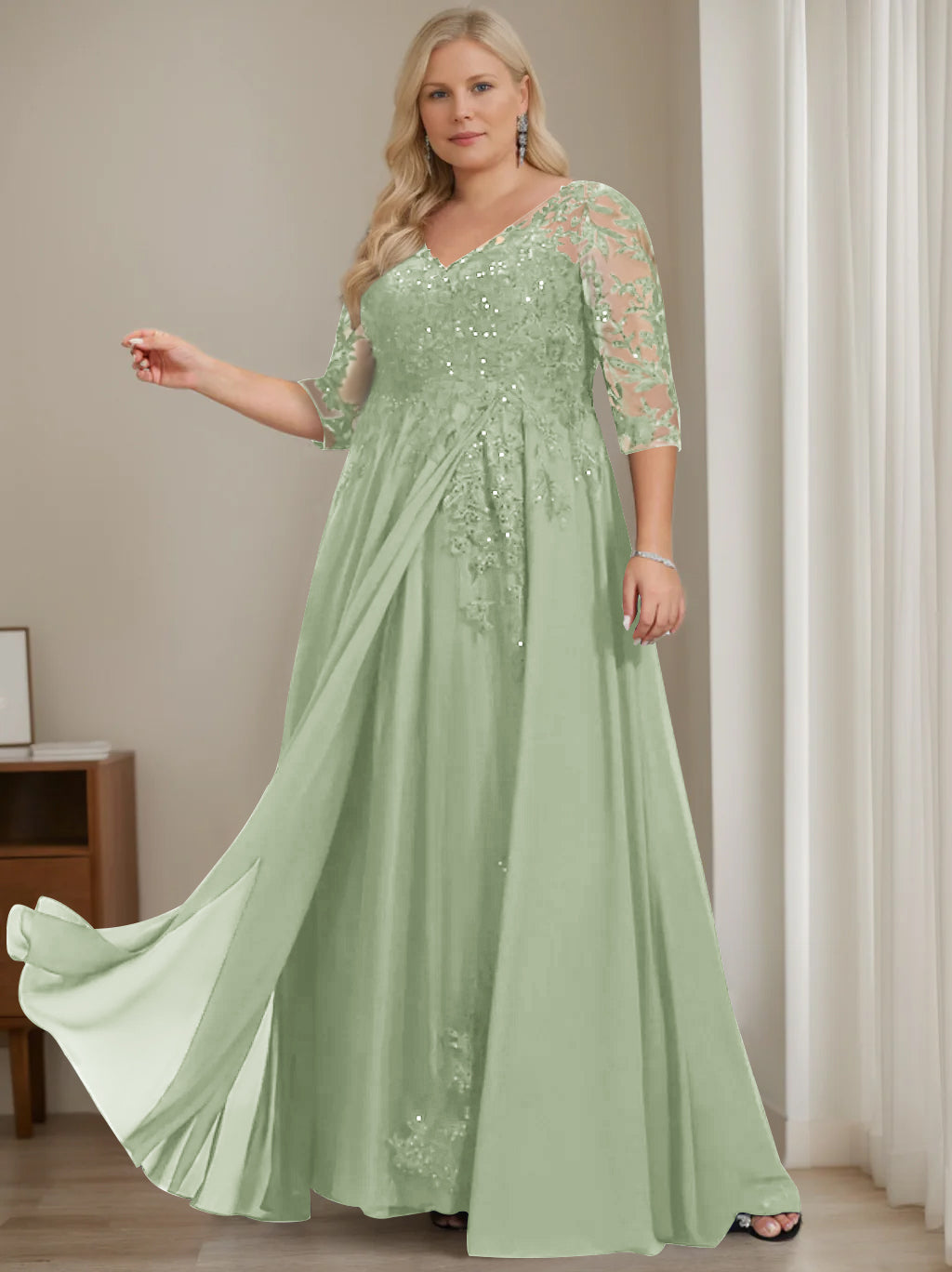 Plus Size V Neck A Line Long Mother of the Bride Dress with Half Sleeves and Sequins