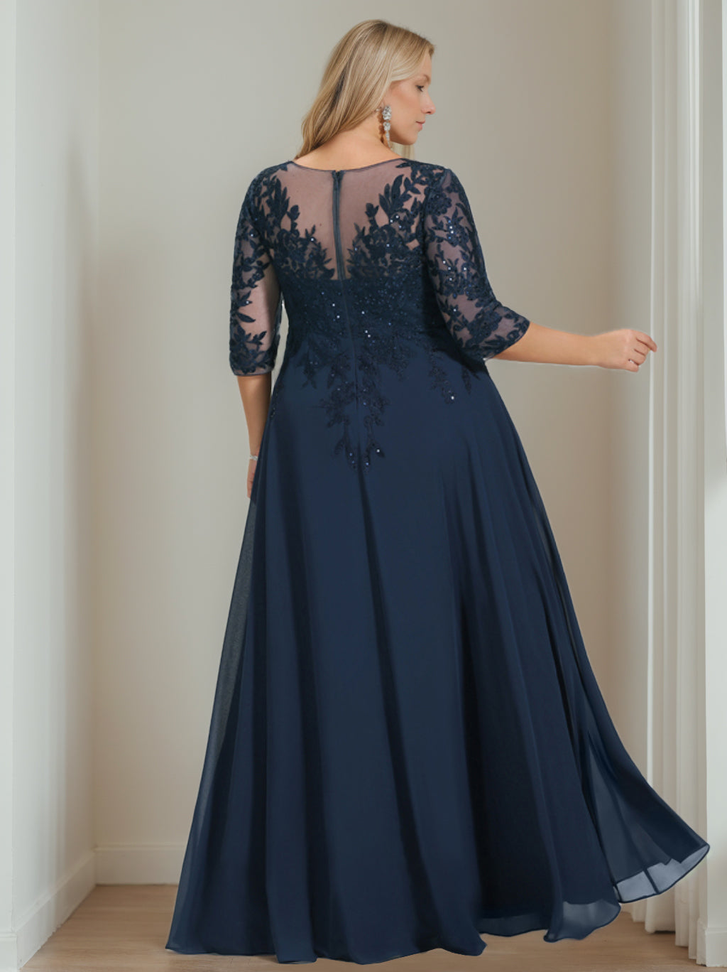 Plus Size V Neck A Line Long Mother of the Bride Dress with Half Sleeves and Sequins