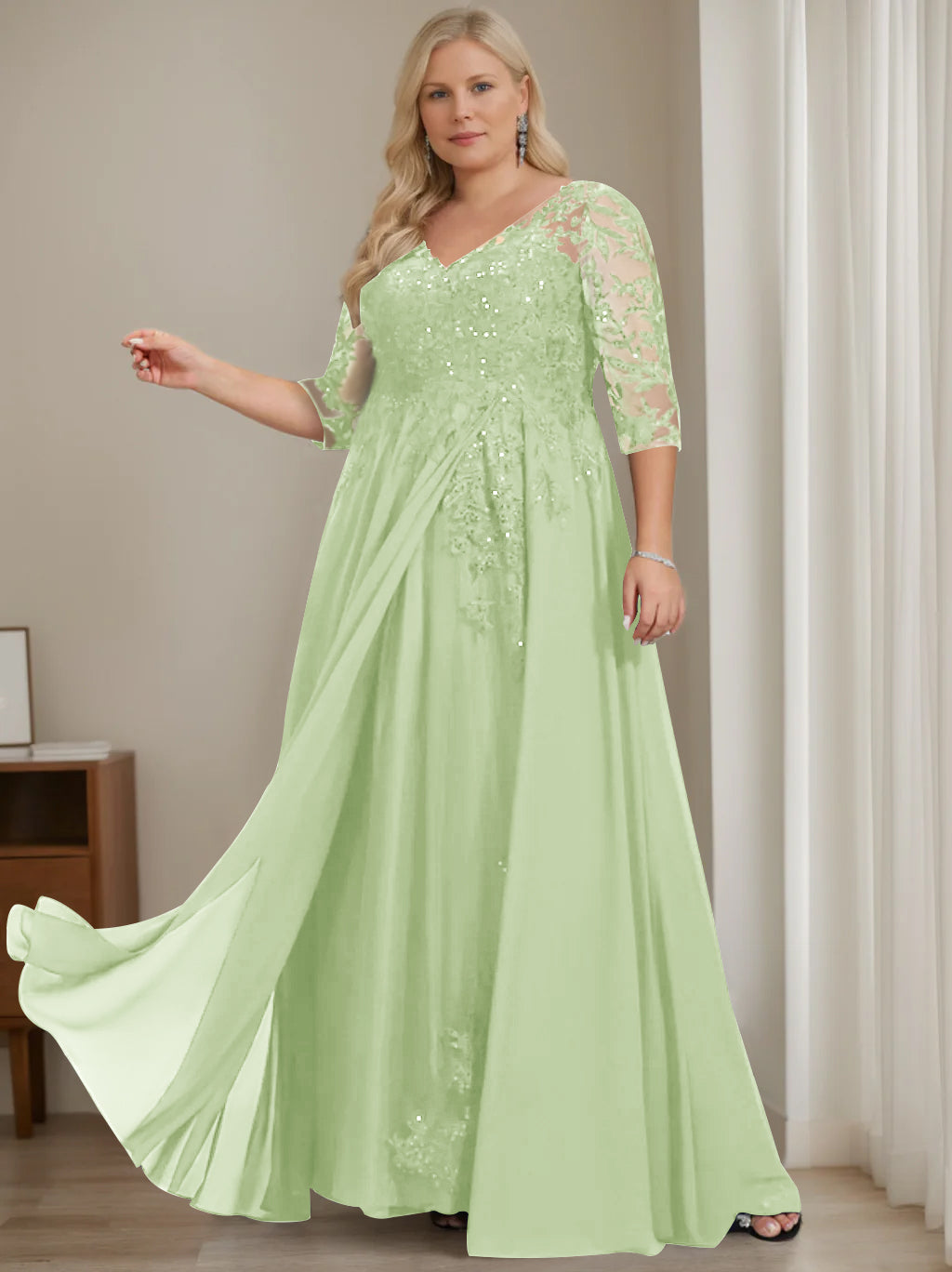 Plus Size V Neck A Line Long Mother of the Bride Dress with Half Sleeves and Sequins