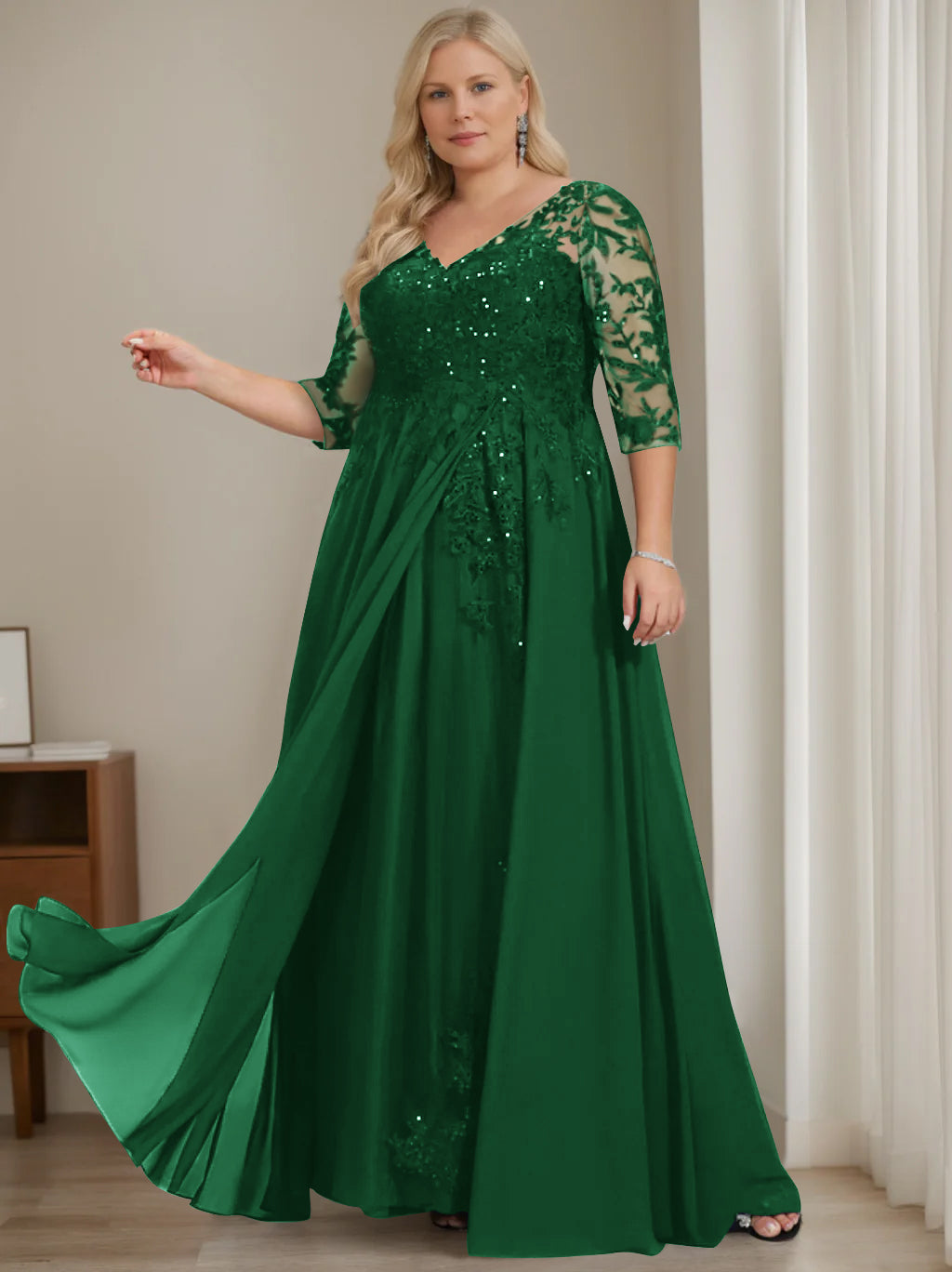Plus Size V Neck A Line Long Mother of the Bride Dress with Half Sleeves and Sequins