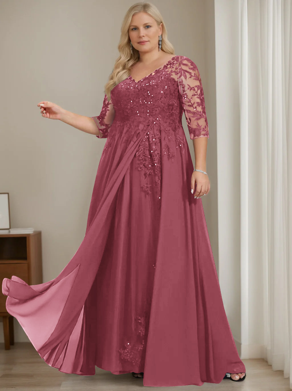 Plus Size V Neck A Line Long Mother of the Bride Dress with Half Sleeves and Sequins
