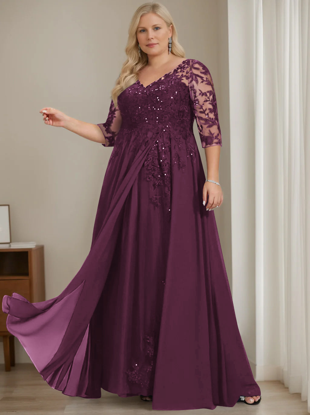 Plus Size V Neck A Line Long Mother of the Bride Dress with Half Sleeves and Sequins