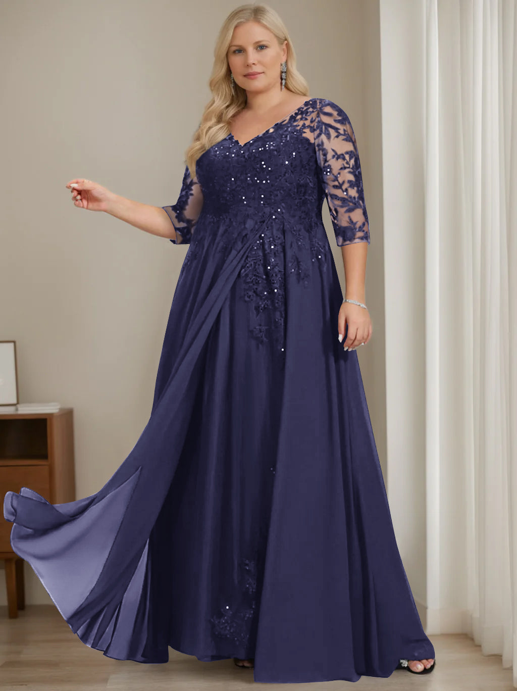 Plus Size V Neck A Line Long Mother of the Bride Dress with Half Sleeves and Sequins