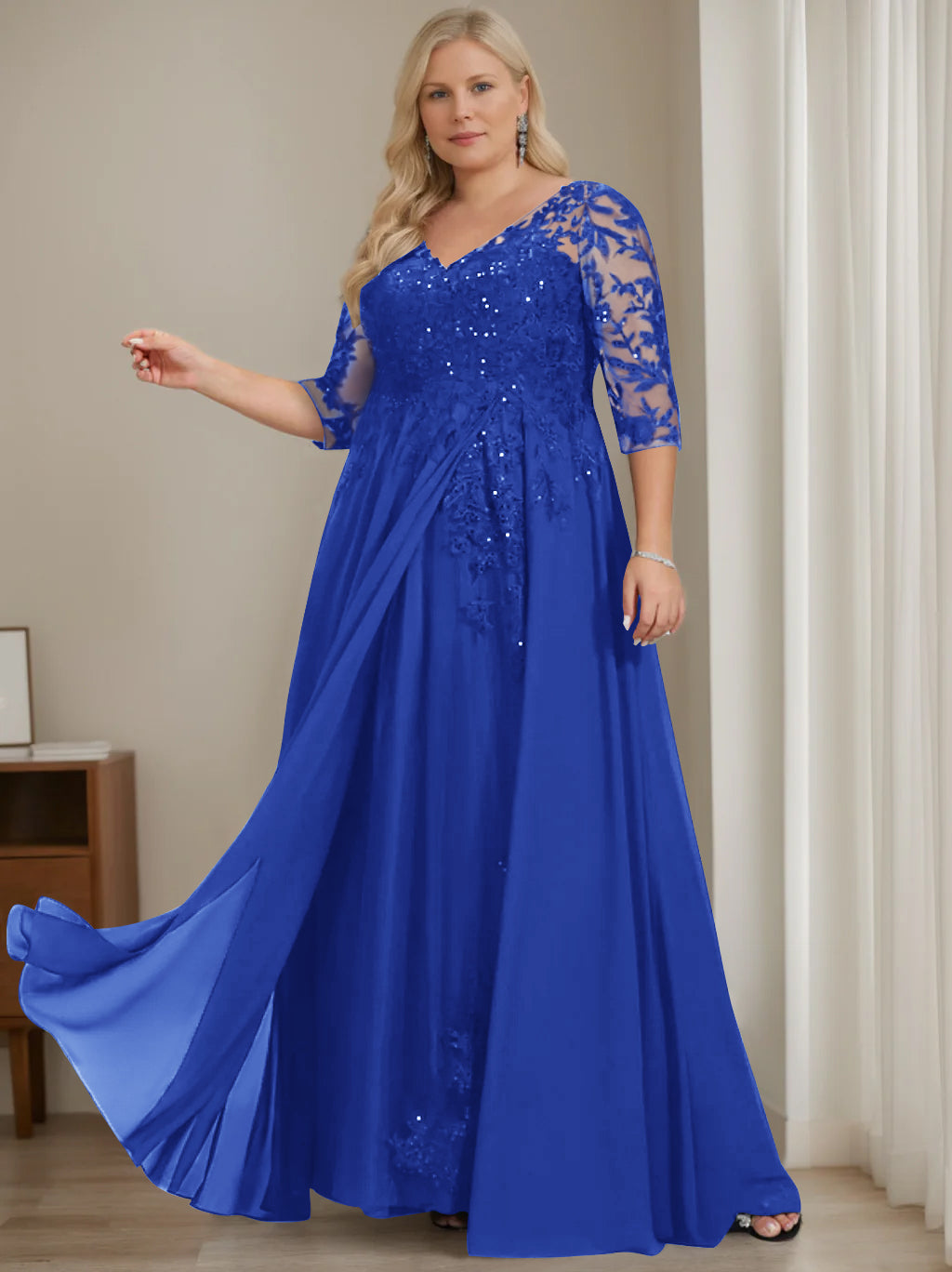 Plus Size V Neck A Line Long Mother of the Bride Dress with Half Sleeves and Sequins