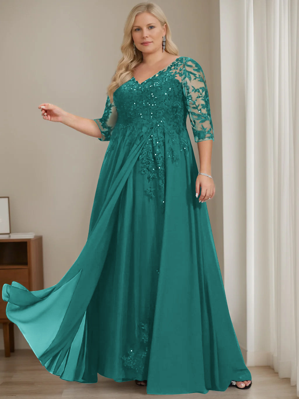 Plus Size V Neck A Line Long Mother of the Bride Dress with Half Sleeves and Sequins