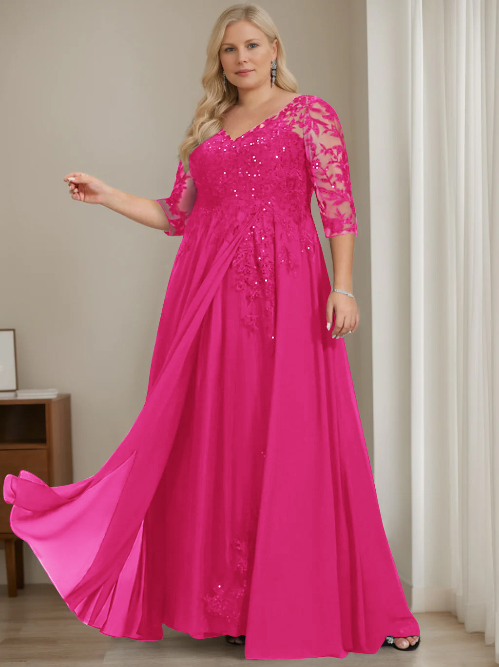 Plus Size V Neck A Line Long Mother of the Bride Dress with Half Sleeves and Sequins