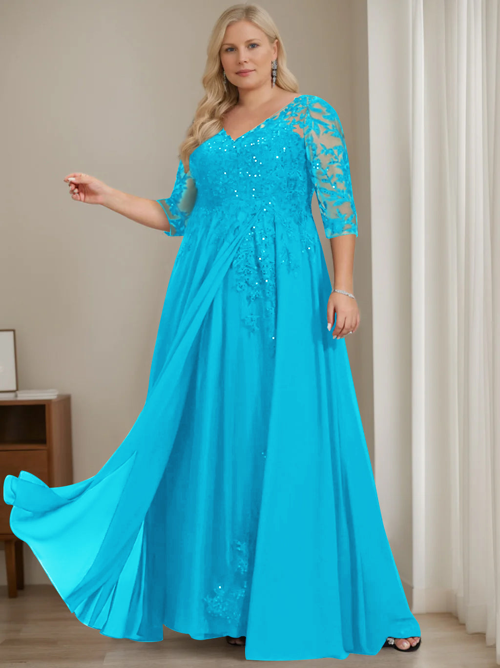 Plus Size V Neck A Line Long Mother of the Bride Dress with Half Sleeves and Sequins
