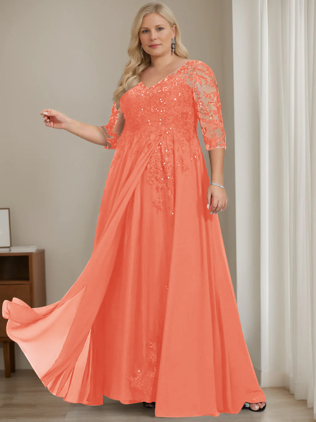 Plus Size V Neck A Line Long Mother of the Bride Dress with Half Sleeves and Sequins