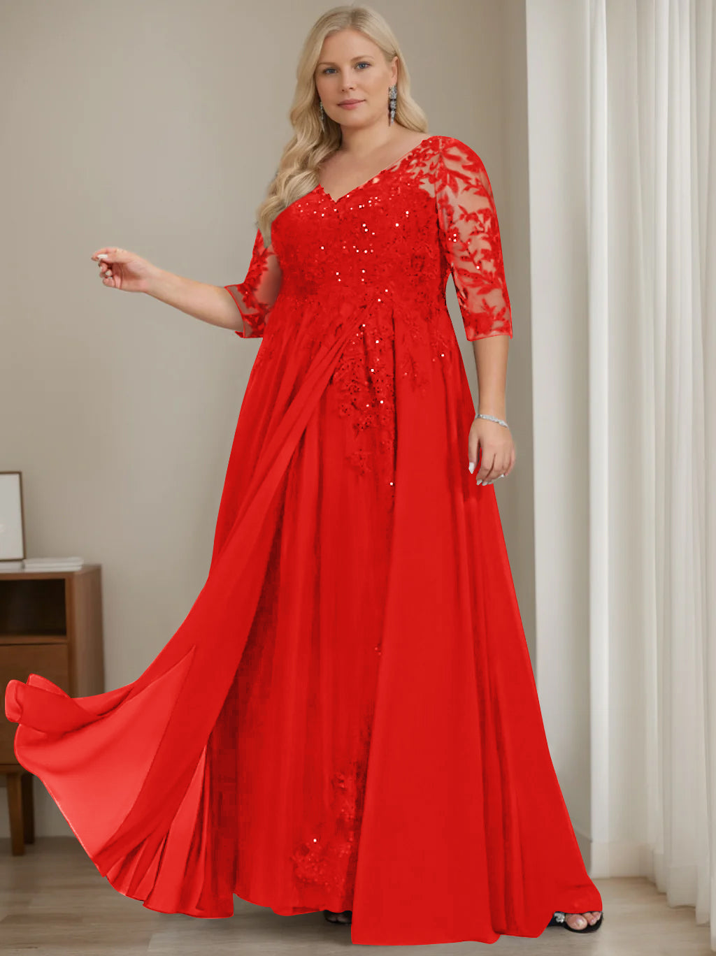 Plus Size V Neck A Line Long Mother of the Bride Dress with Half Sleeves and Sequins