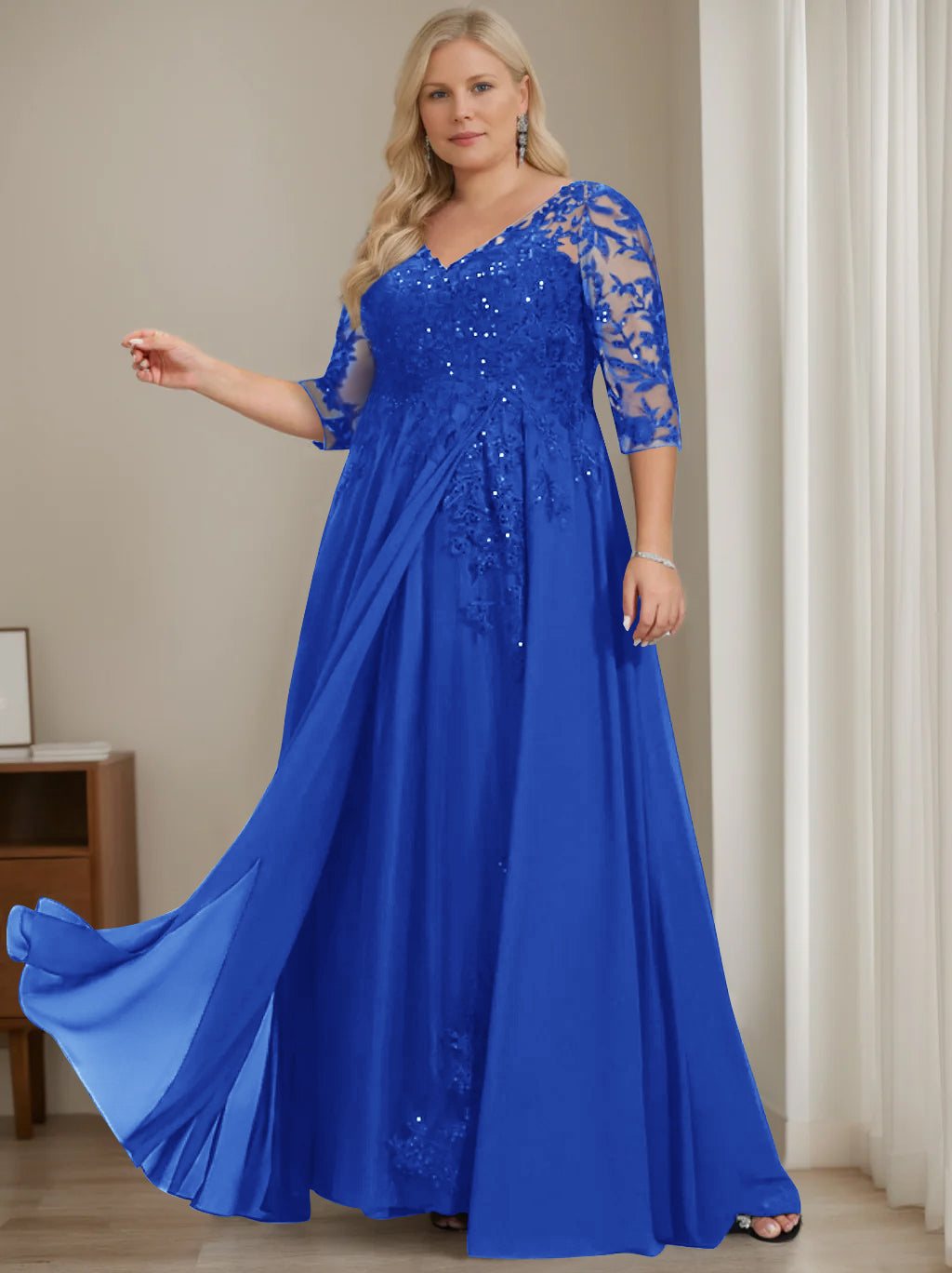 Plus Size V Neck A Line Long Mother of the Bride Dress with Half Sleeves and Sequins