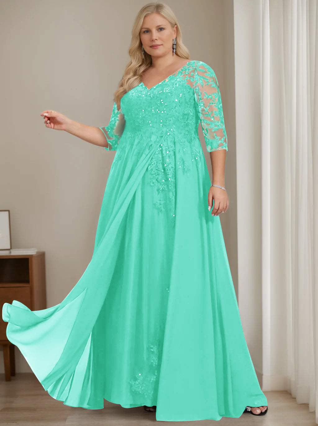 Plus Size V Neck A Line Long Mother of the Bride Dress with Half Sleeves and Sequins