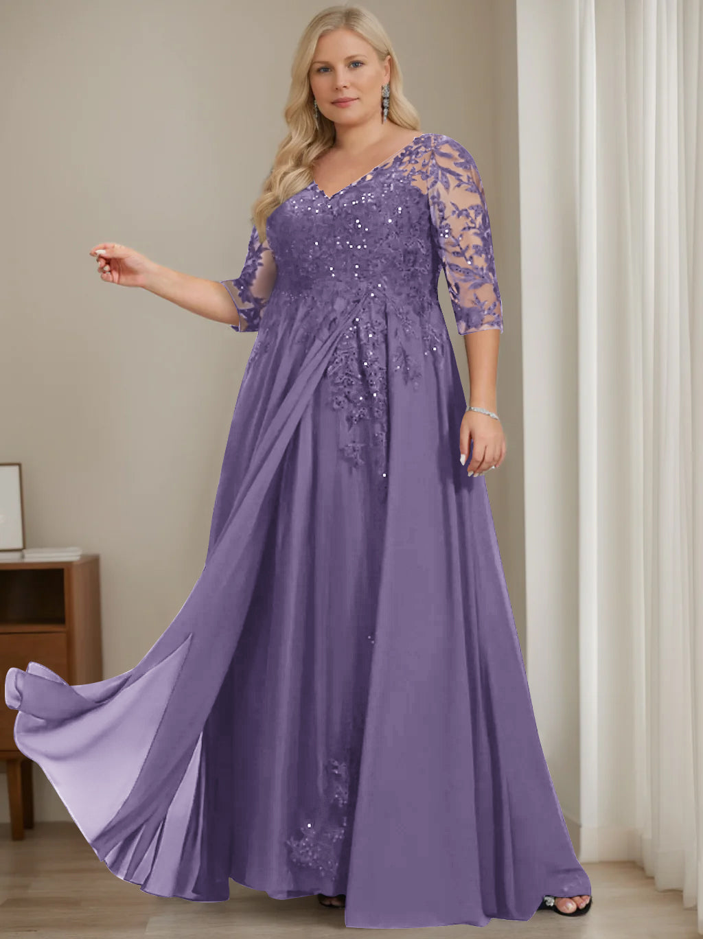 Plus Size V Neck A Line Long Mother of the Bride Dress with Half Sleeves and Sequins