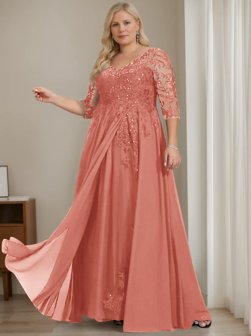 Plus Size V Neck A Line Long Mother of the Bride Dress with Half Sleeves and Sequins
