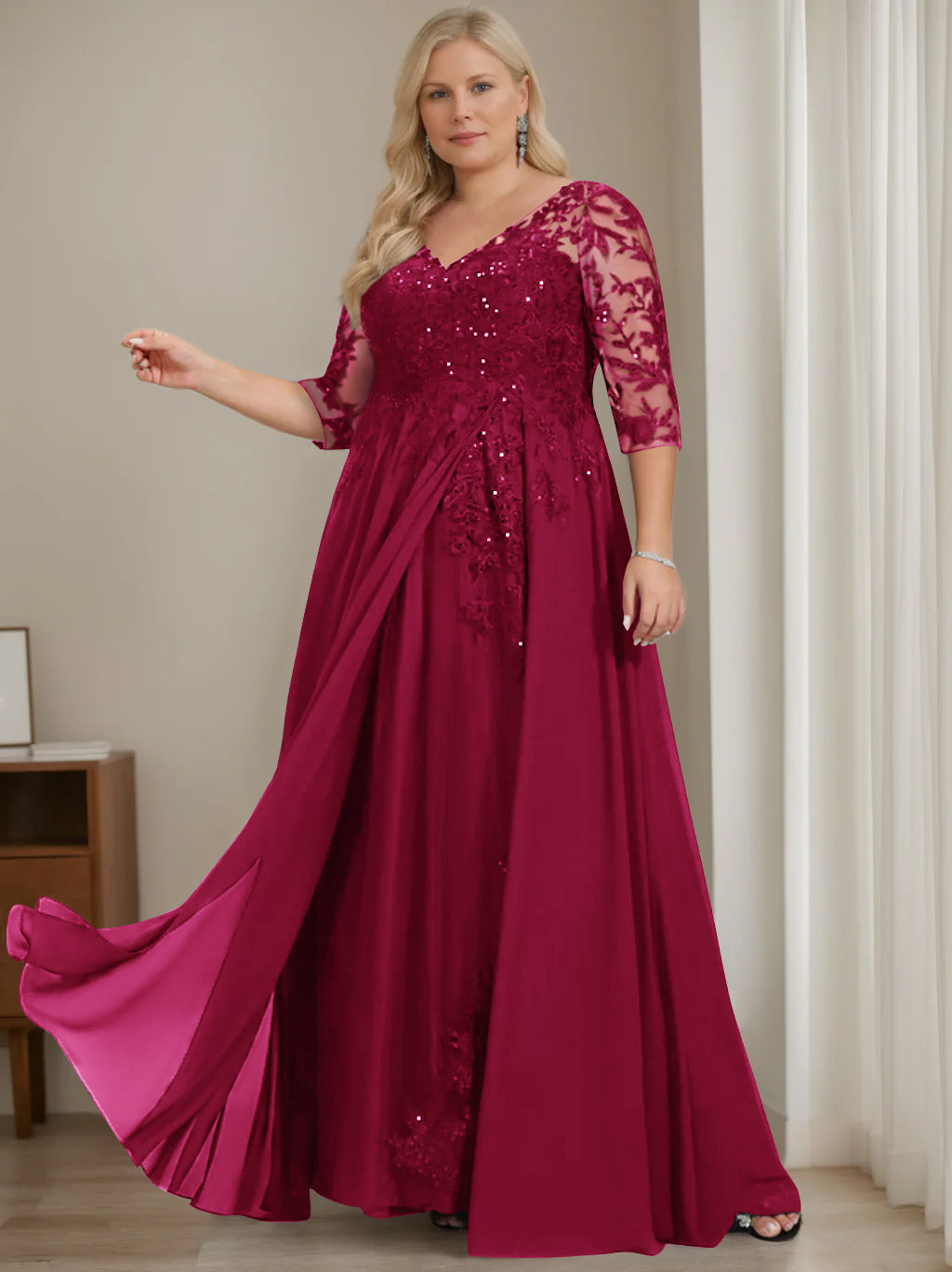 Plus Size V Neck A Line Long Mother of the Bride Dress with Half Sleeves and Sequins