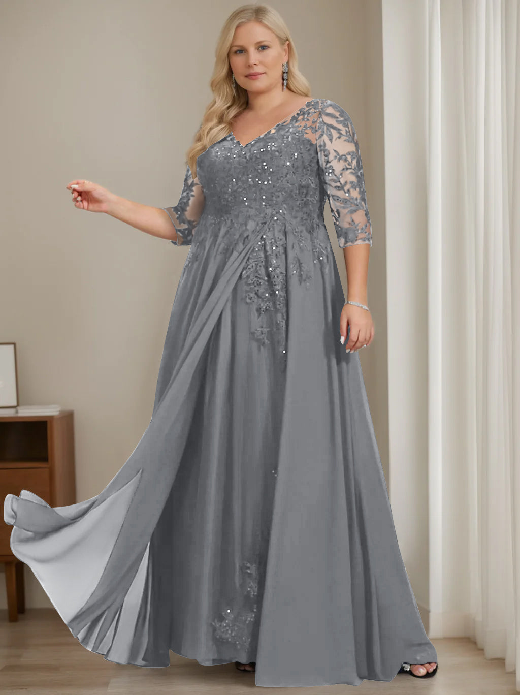 Plus Size V Neck A Line Long Mother of the Bride Dress with Half Sleeves and Sequins
