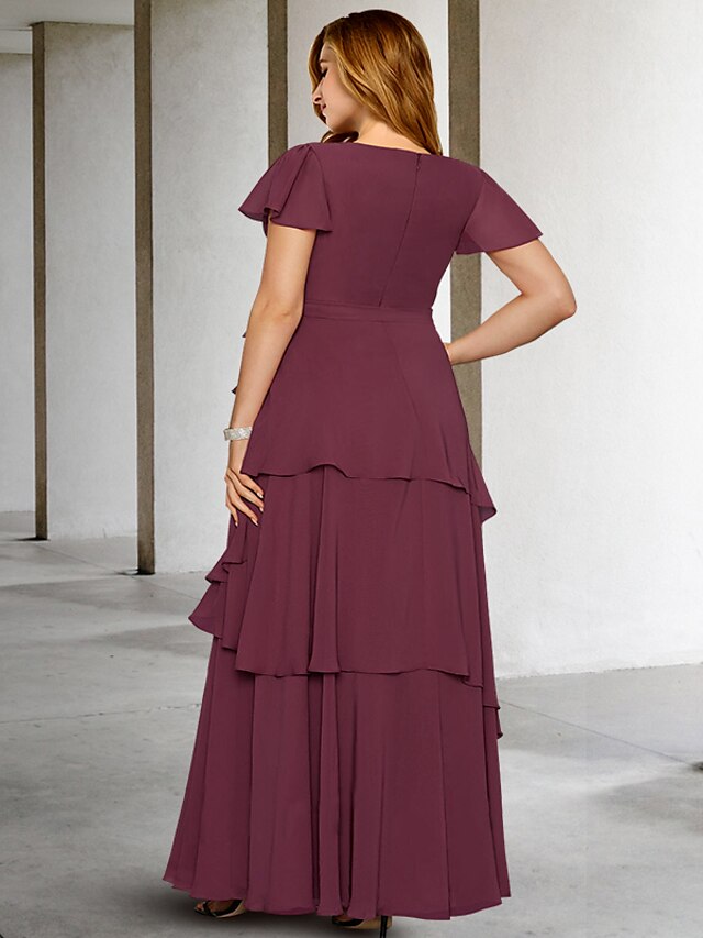 Plus Size V Neck A Line Long Mother of the Bride Dress with Ruffles and Short Sleeves