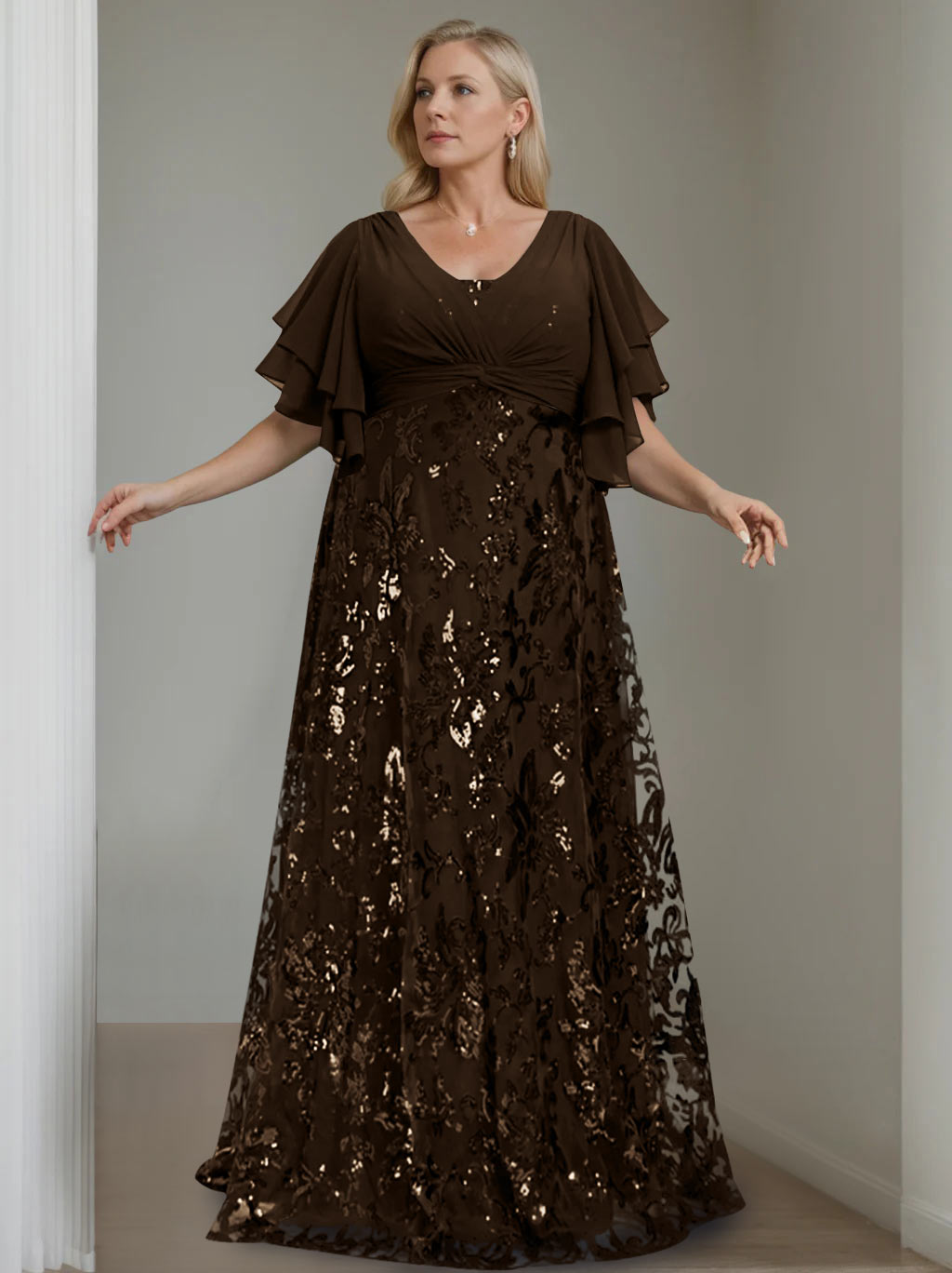 Plus Size V Neck A Line Long Mother of the Bride Dress with Sequins and Half Sleeves