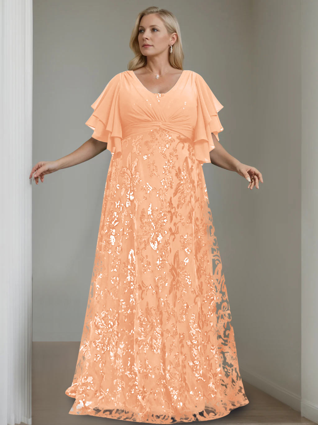 Plus Size V Neck A Line Long Mother of the Bride Dress with Sequins and Half Sleeves