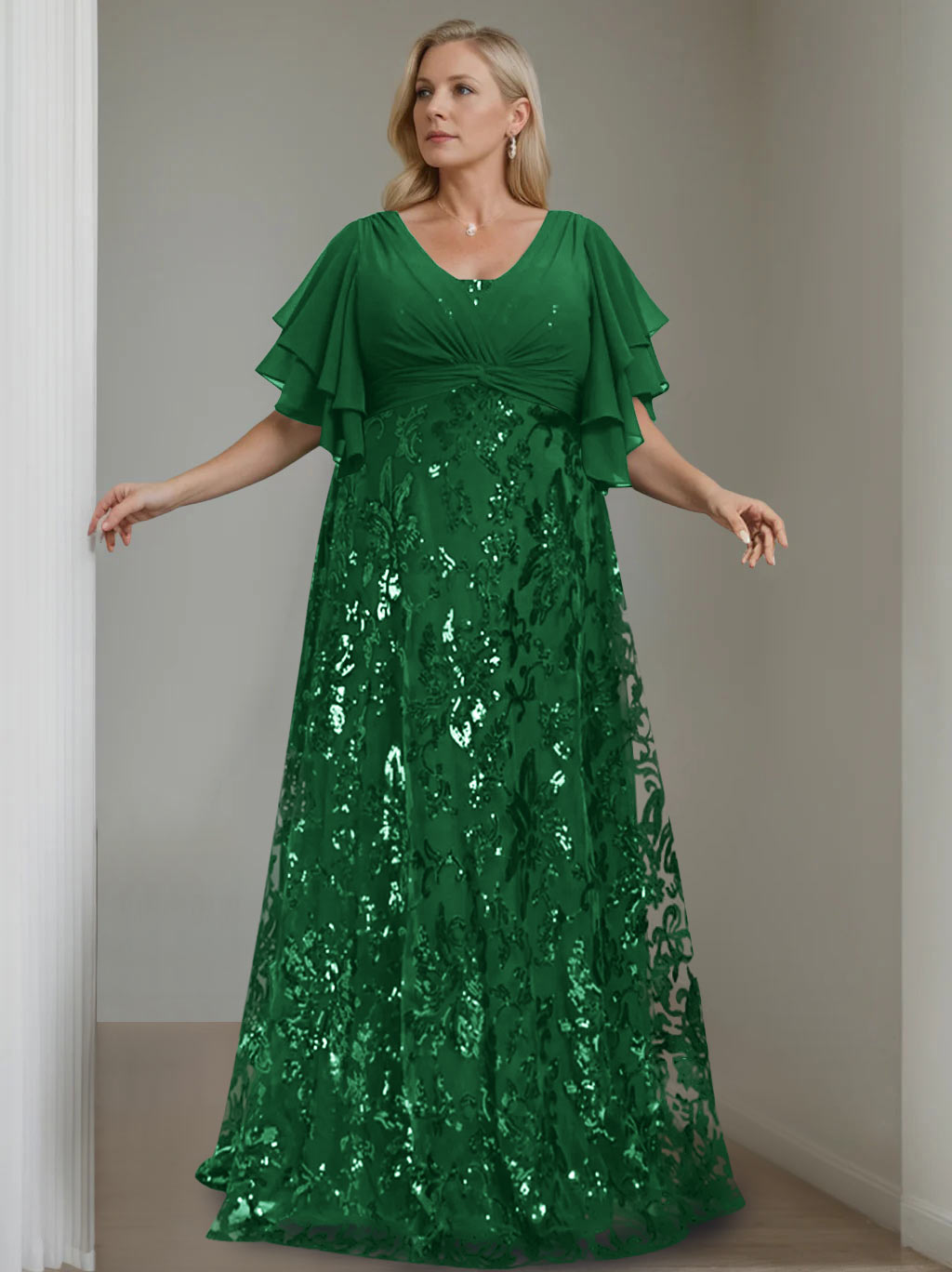 Plus Size V Neck A Line Long Mother of the Bride Dress with Sequins and Half Sleeves
