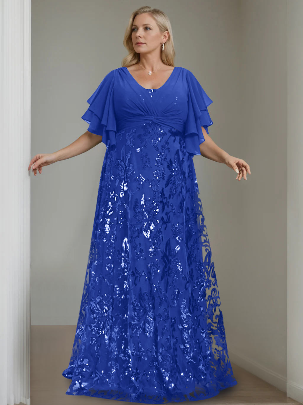 Plus Size V Neck A Line Long Mother of the Bride Dress with Sequins and Half Sleeves