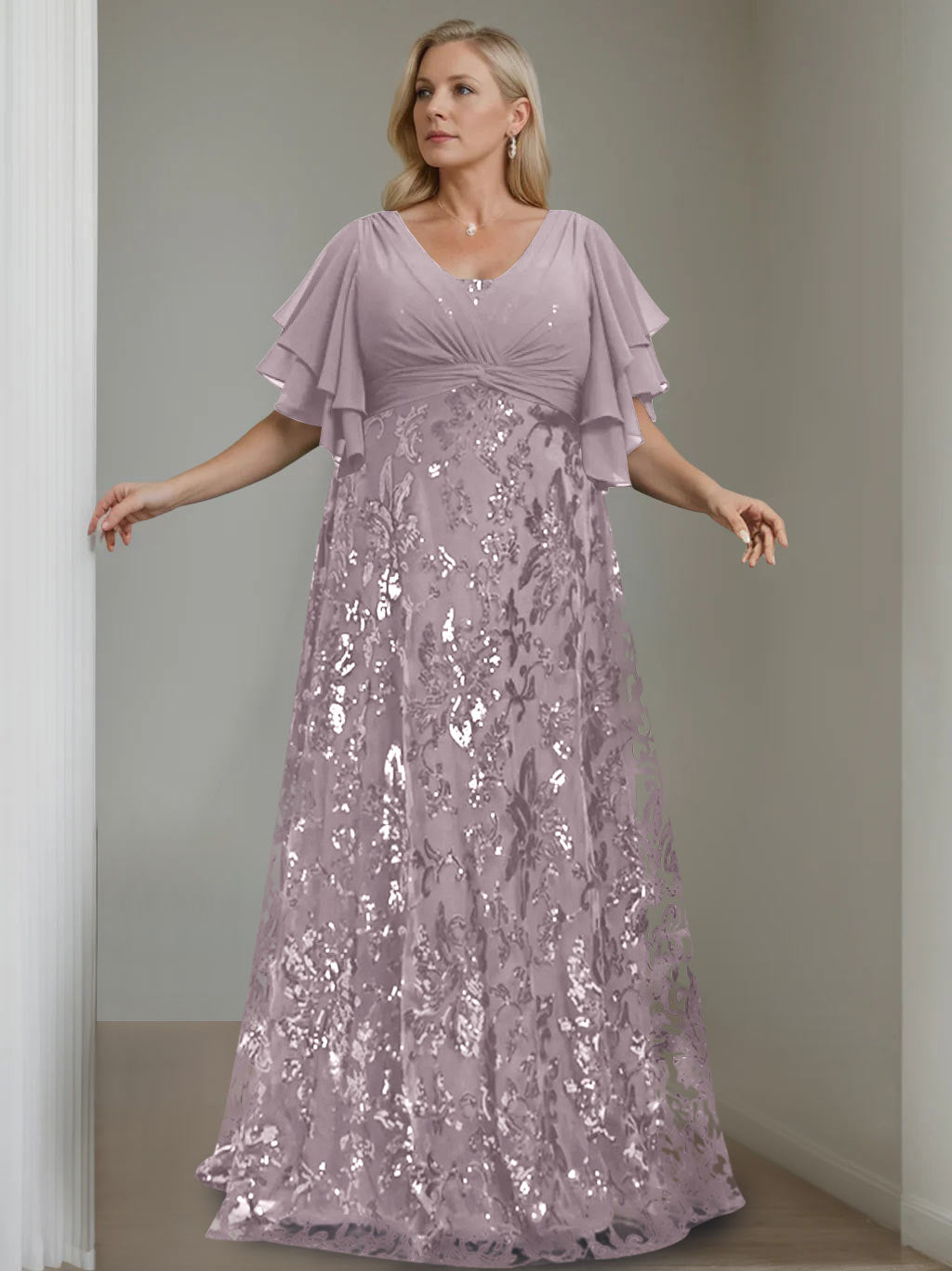 Plus Size V Neck A Line Long Mother of the Bride Dress with Sequins and Half Sleeves