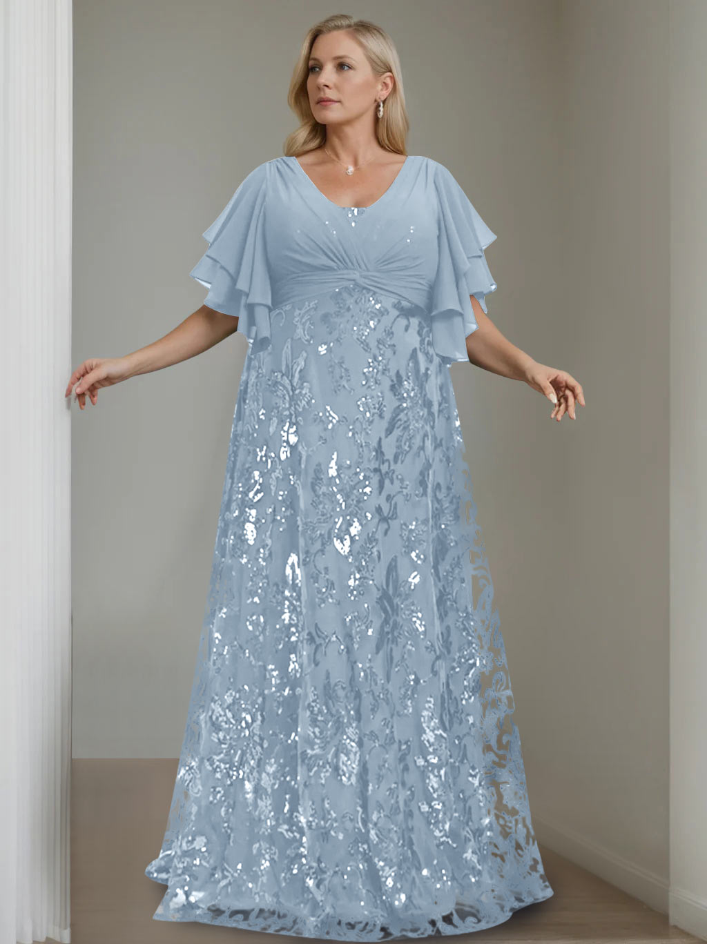 Plus Size V Neck A Line Long Mother of the Bride Dress with Sequins and Half Sleeves