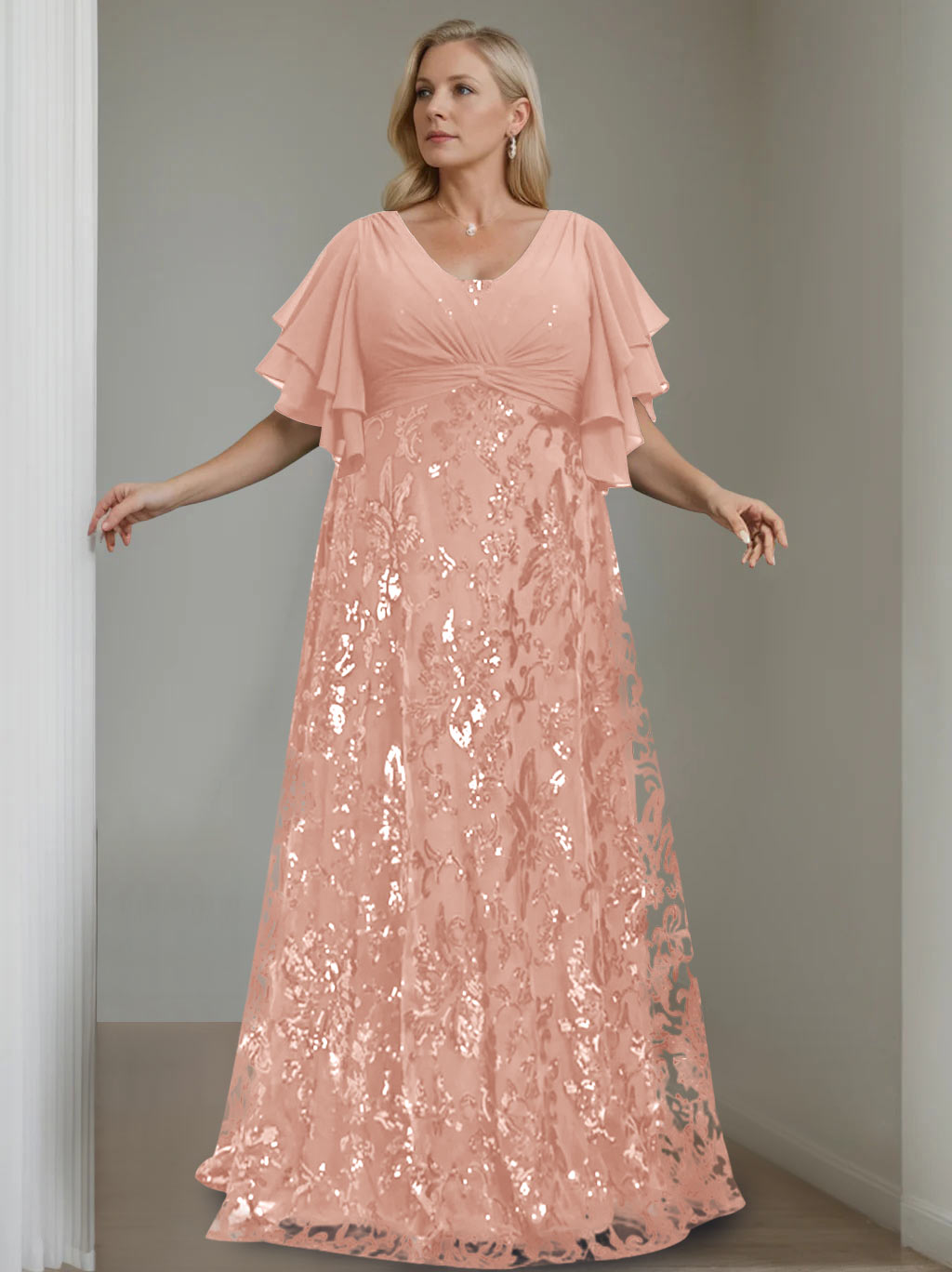 Plus Size V Neck A Line Long Mother of the Bride Dress with Sequins and Half Sleeves