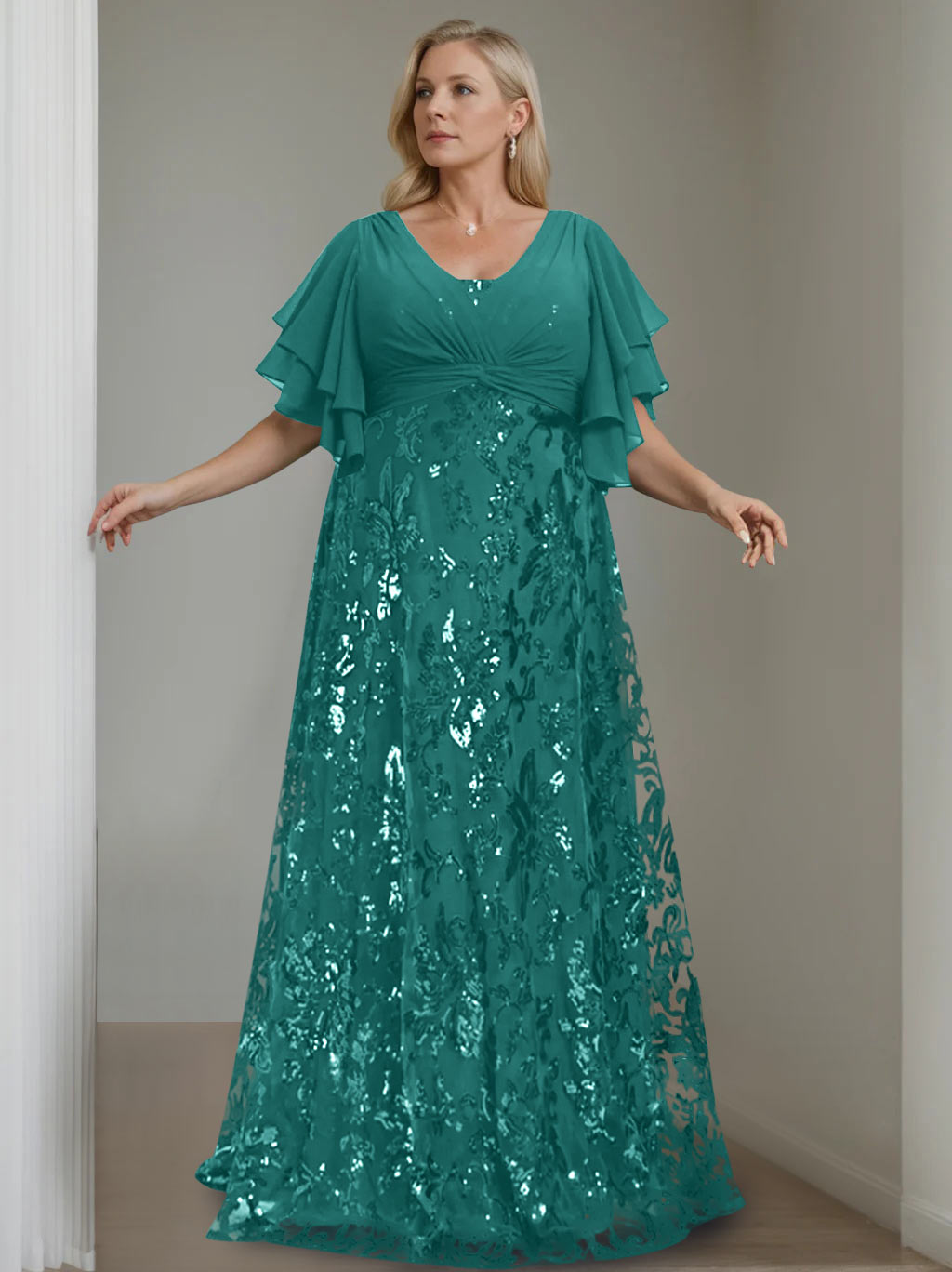 Plus Size V Neck A Line Long Mother of the Bride Dress with Sequins and Half Sleeves